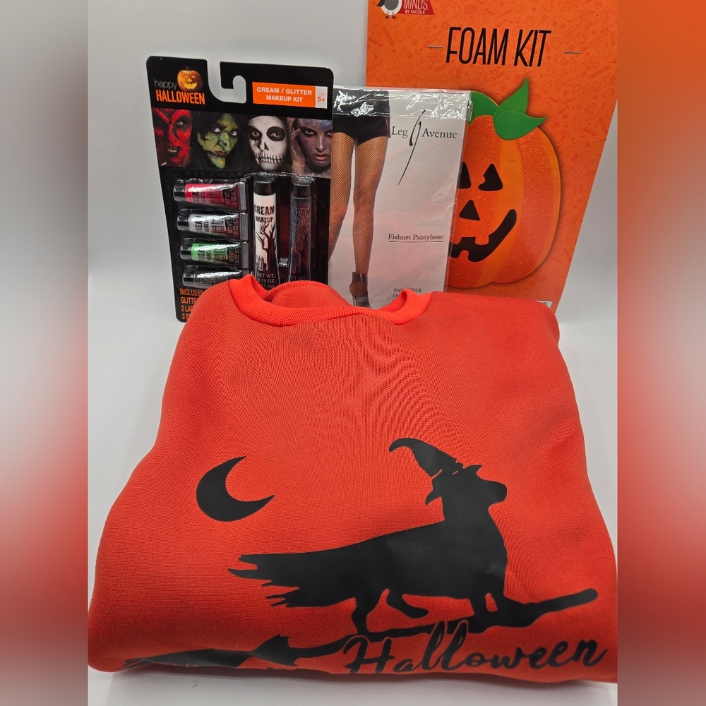 HALLOWEEN NWT LOT Shein Sweatshirt Sz L Face Makeup Stockings Pumpkin Foam Kit